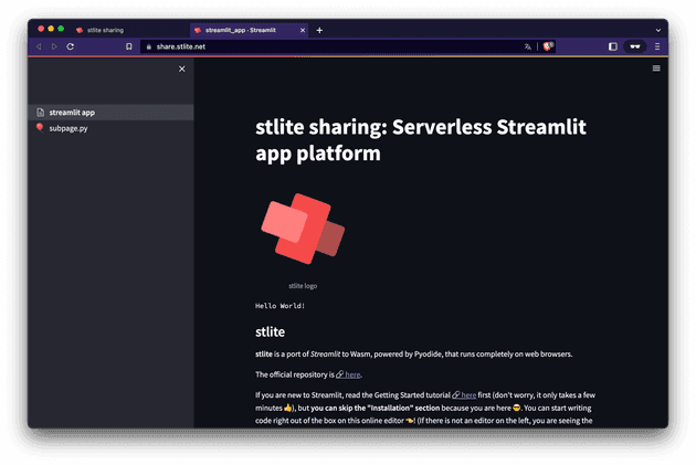 stlite sharing screenshot on the app sharing mode